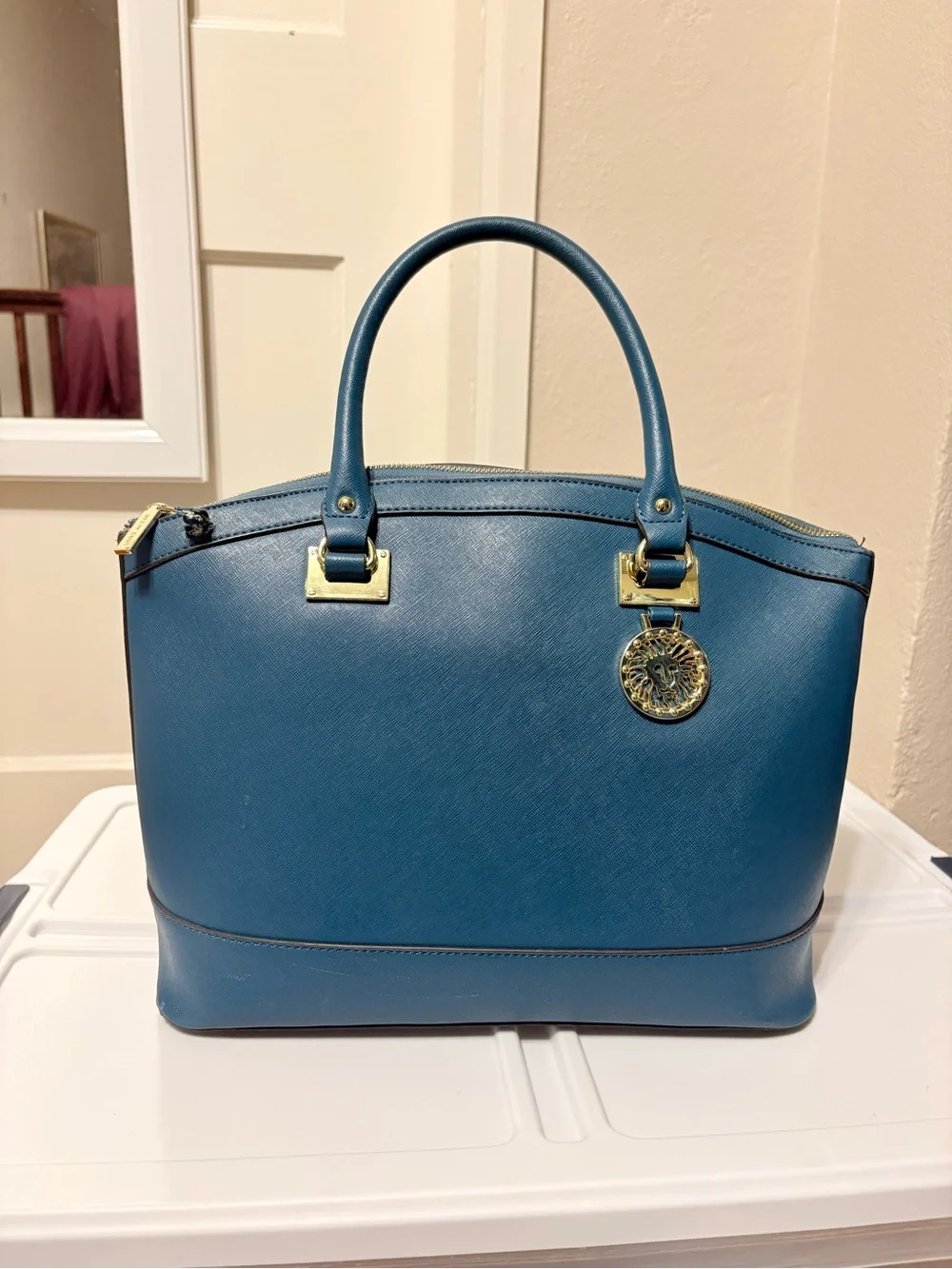Anne Klein Blue New Recruits Structured Dome Tote Satchel with Gold Medallion